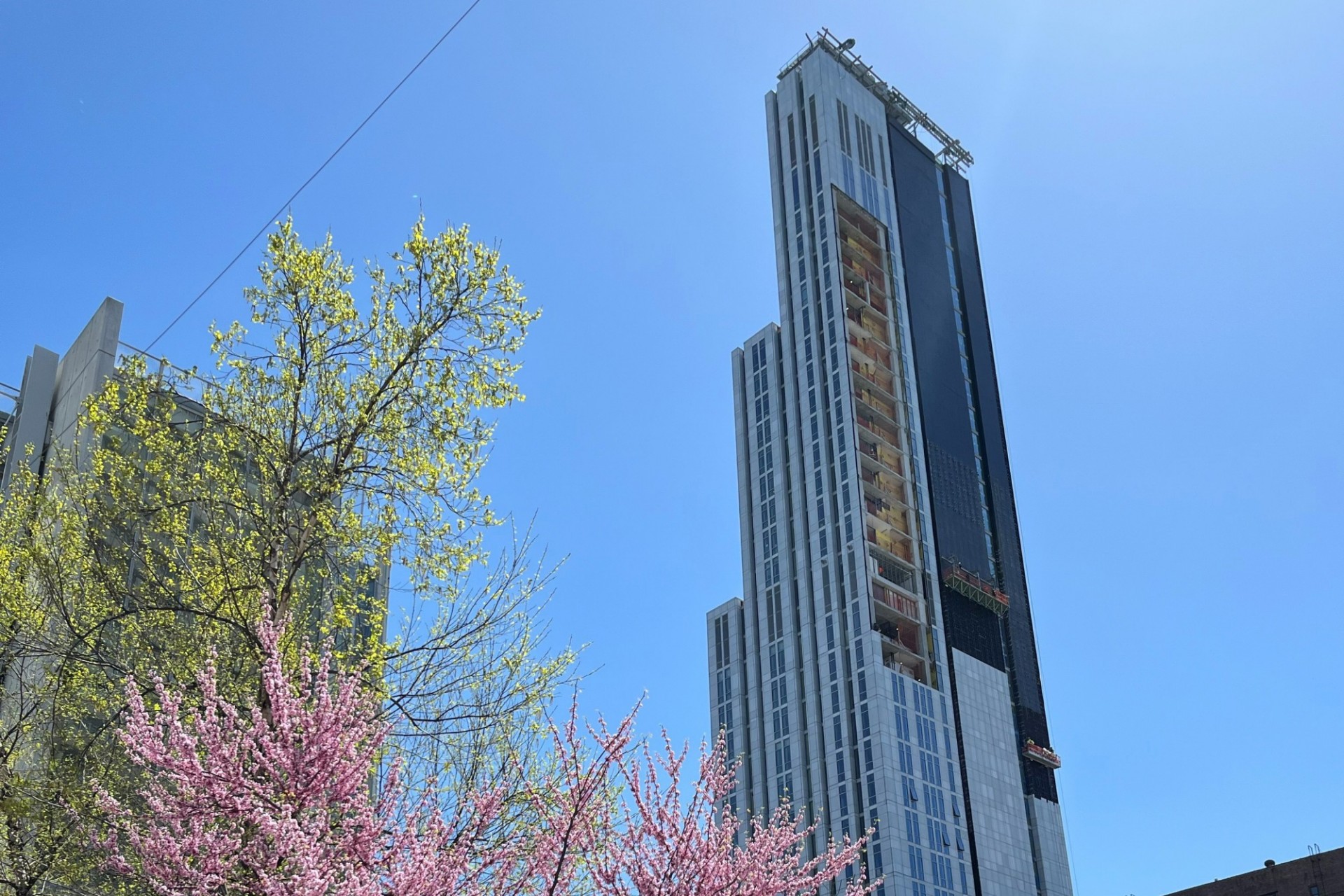 A view of 600 W. 125th Street, with a budding tree and cherry blossom tree in the foreground